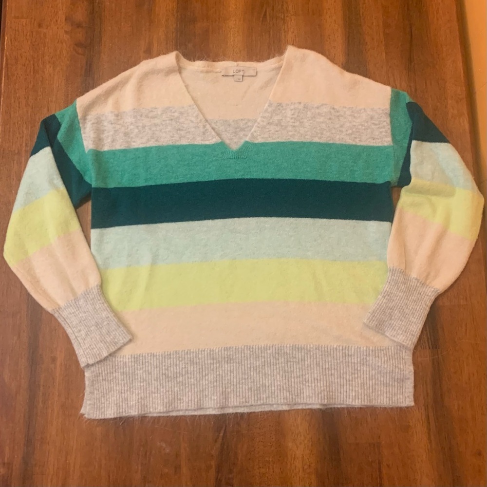 LOFT Sweater Large Cream Green Yellow Gray Stripe Knit V-neck Soft Long Sleeve